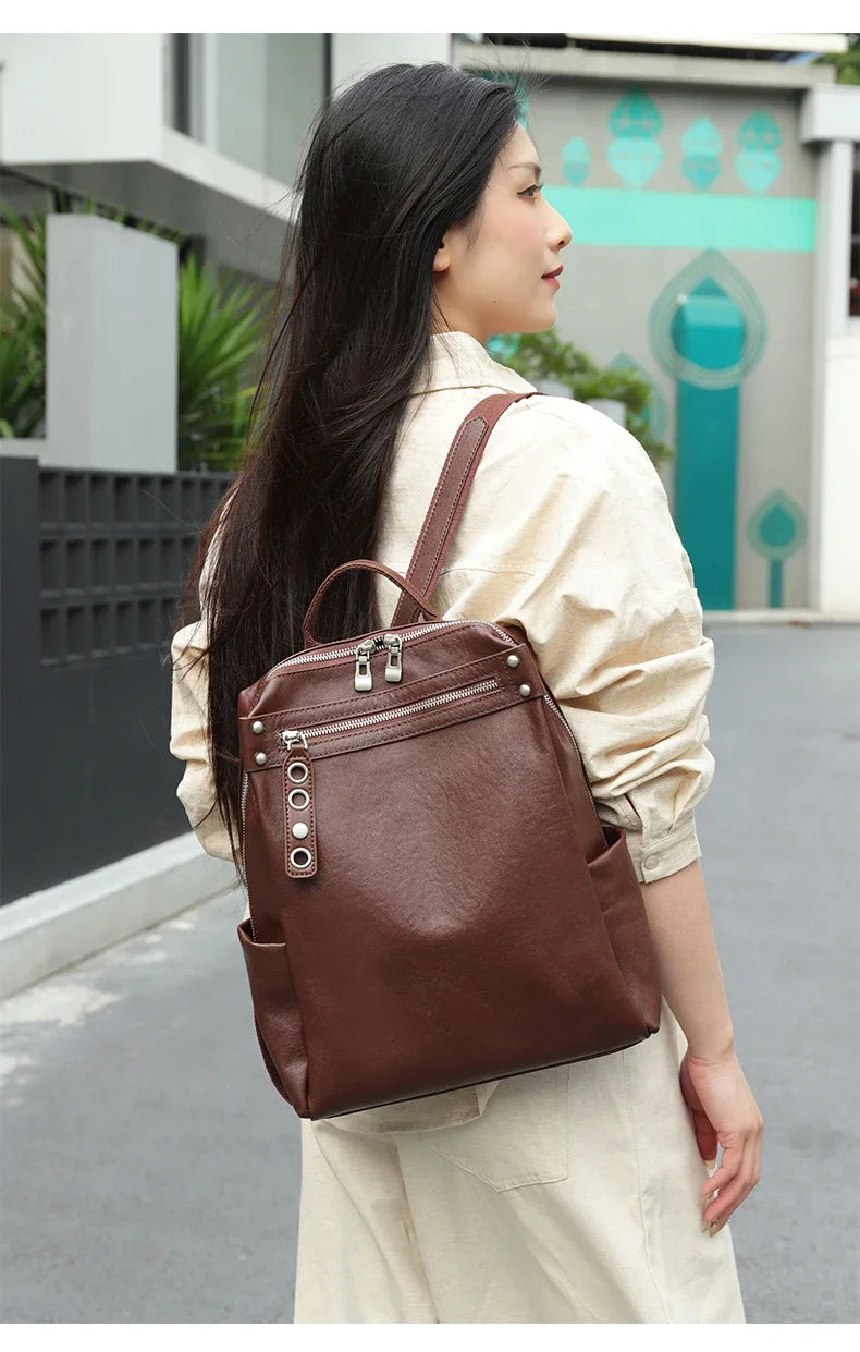 Women's Natural Cow Leather Backpacks Lady Cowhide Design Large Capacity Bags Female Retro Fashion Versatile Backpacks Ladies