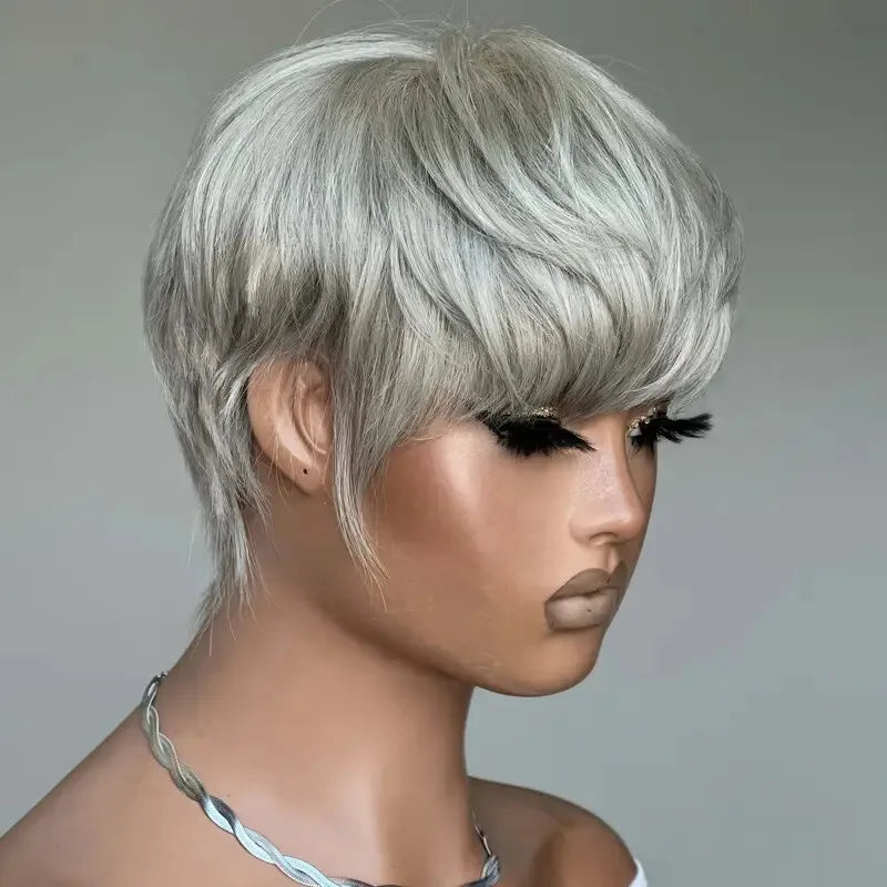 Grey Short Pixie Cut Wig Human Hair Short Layered Pixie Wig For Women 6 Inch Straight Grey Full Machine Made Human hair Wig