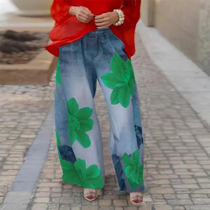 Krisstargirl Summer Women's Urban Flower Printed Pants 2025 New Loose Casual Hight Waist Wide Leg Trousers Bottoms for Woman