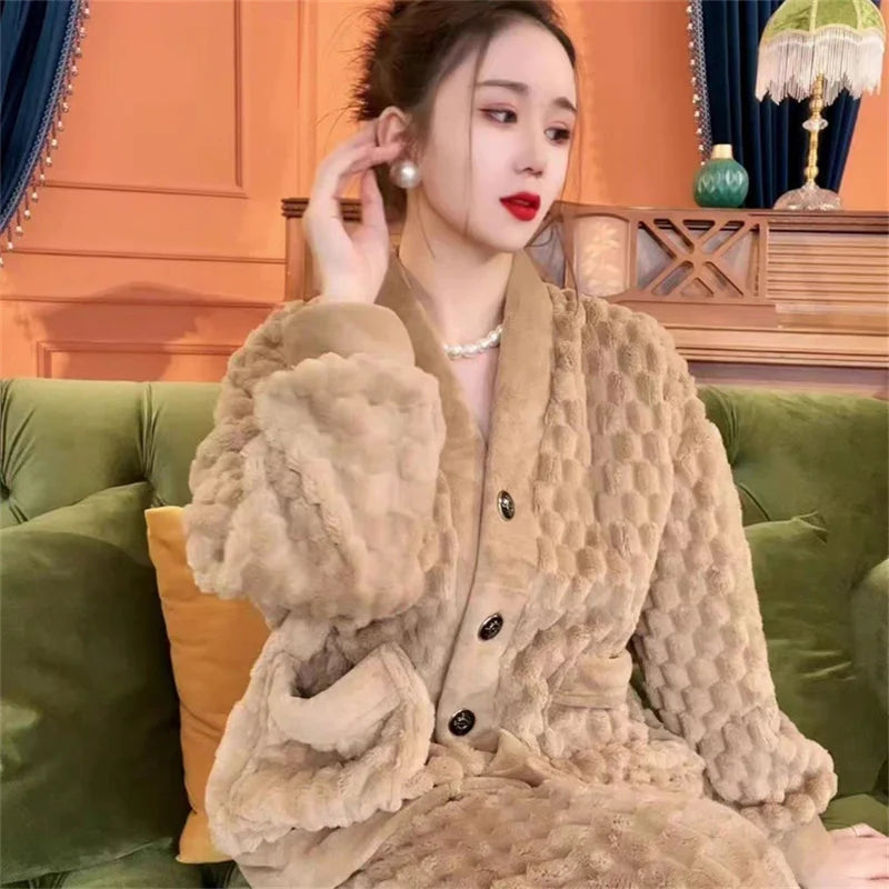 5XL Stripes Women's Flannel Cardigan Home Fur Solid Color Loose Coral Velvet Pajama Set Autumn/Winter Pants Two Piece Suit Red