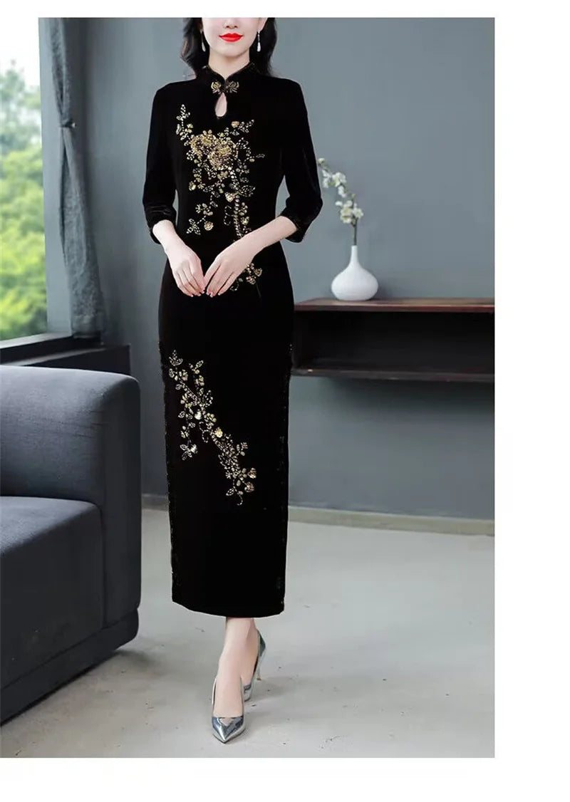 Spring Autumn Women New Embroidered Gold Velvet Cheongsam High-end Temperament Fashionable Wedding Dress Slim Bag Hip Slit Skirt