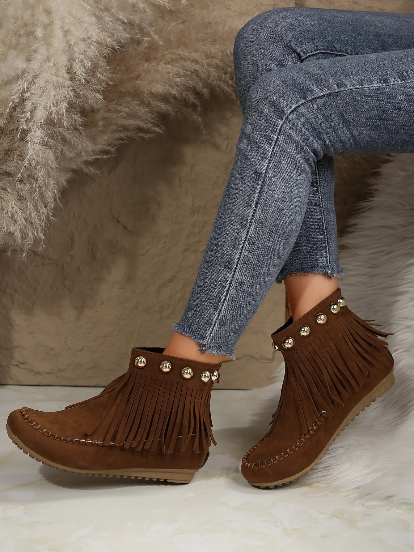 Women Boots Winter New Vintage Fringe Ankle Boots Women Side Zipper Casual Shoes Round Toe Ladies Snow Boots Zapatos De Mujer