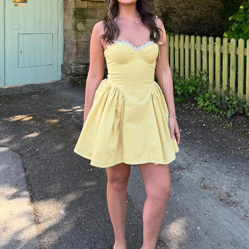 Lace Patchwork Off Shoulder Pleated Club Party Dress Sexy Women's Chest Wrap High Waist Short Dresses Summer Small Yellow Dress