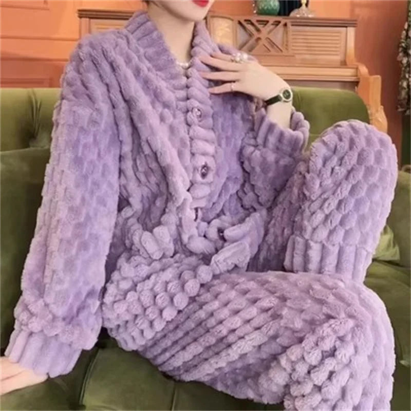 5XL Stripes Women's Flannel Cardigan Home Fur Solid Color Loose Coral Velvet Pajama Set Autumn/Winter Pants Two Piece Suit Red