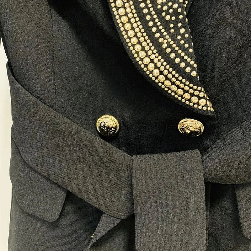 HIGH STREET Newest 2024 Stylish Designer Jacket Women's Metal Sheets Beading Belted Shawl Collar Blazer