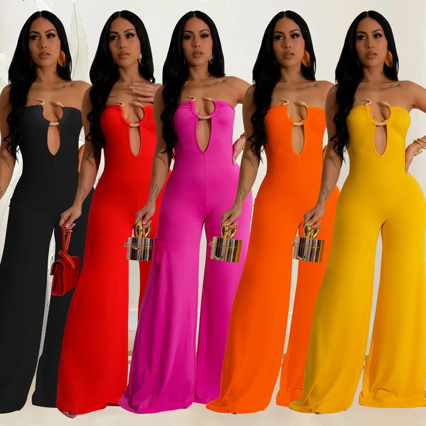 CM.YAYA Women Wide Leg Deep V-Neck Sleeveless Jumpsuits 2024 Summer Hollow Out Night Street Club Playsuit One Piece Suit Romper