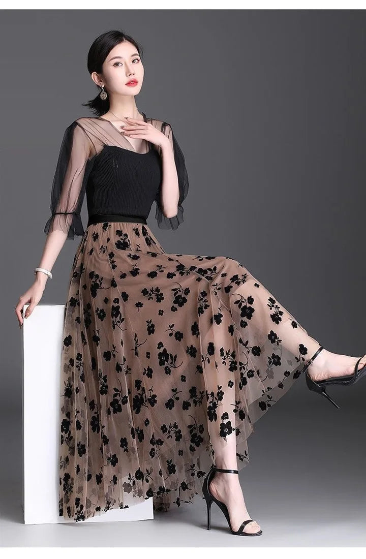 Flocking Floral Pirnted Long Mesh Skirt for Women, High Waist, Max Pleated Tutu, Tulle Skirt, Gauze Skirt, Female, 2025