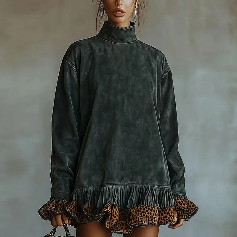 Vintage Fashion Patchwork Leopard Ruffle Dress Woman Casual Turtleneck Slim Mini Dress Autumn Long Sleeve Female Pullovers Dress
