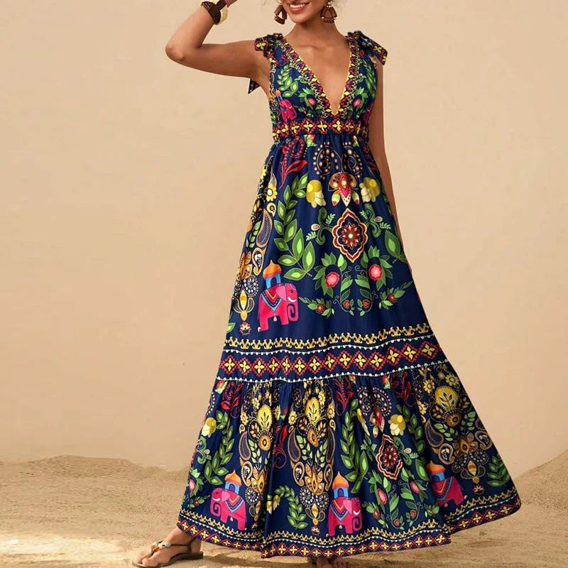 Lady Retro Floral Print Pleated Long Dress Sexy V Neck Hollow Out Sleeveless Beach Dress Casual High Waist Bohemian Summer Dress
