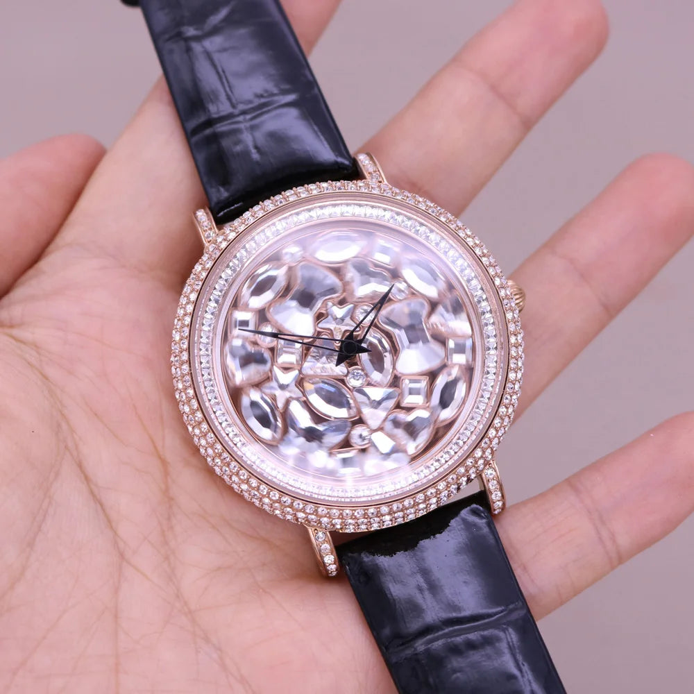 Luxury Davena Spin Snow Flower Women's Watch Japan Mov't Crystal Lady Hours Fine Fashion Real Leather Bracelet Girl's Gift Box