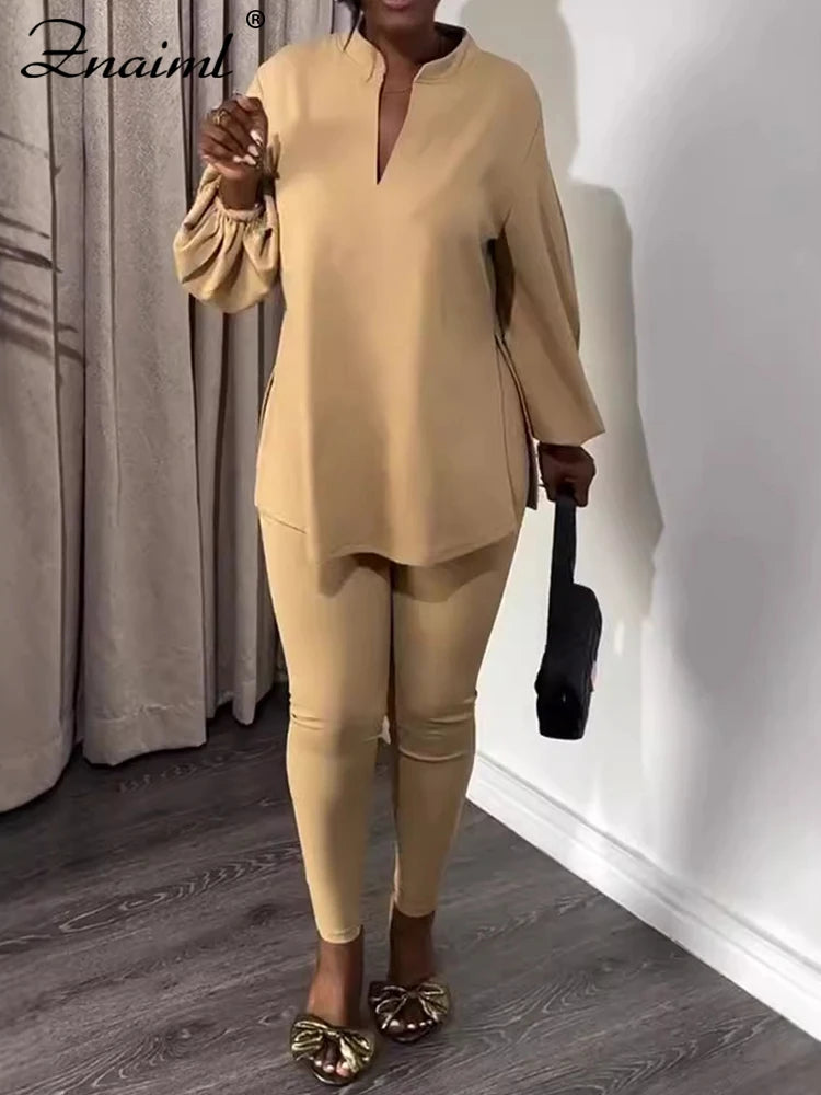 Znaiml Causal Solid Women Two 2 Piece Outfit V Neck Loose Fit Tops and Legging Jogger Pants Matching Sets Streetwear Tracksuits