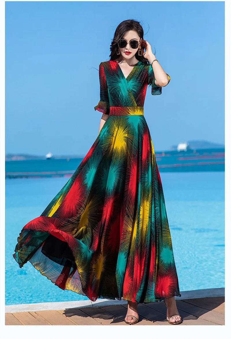 Floral Dress 4XL Women's 2025 Summer Chiffon V-Neck Dress High end Style Celebrity Splice A-line Skirt for Women Elegant Mujer