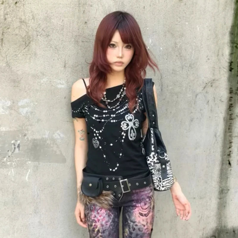 Karrram Japanese Y2k Off Shoulder T-shirt Grunge Aesthetics Rhinestones Print T Shirt Trashy 2000s Style Tops Vintage Harajuku