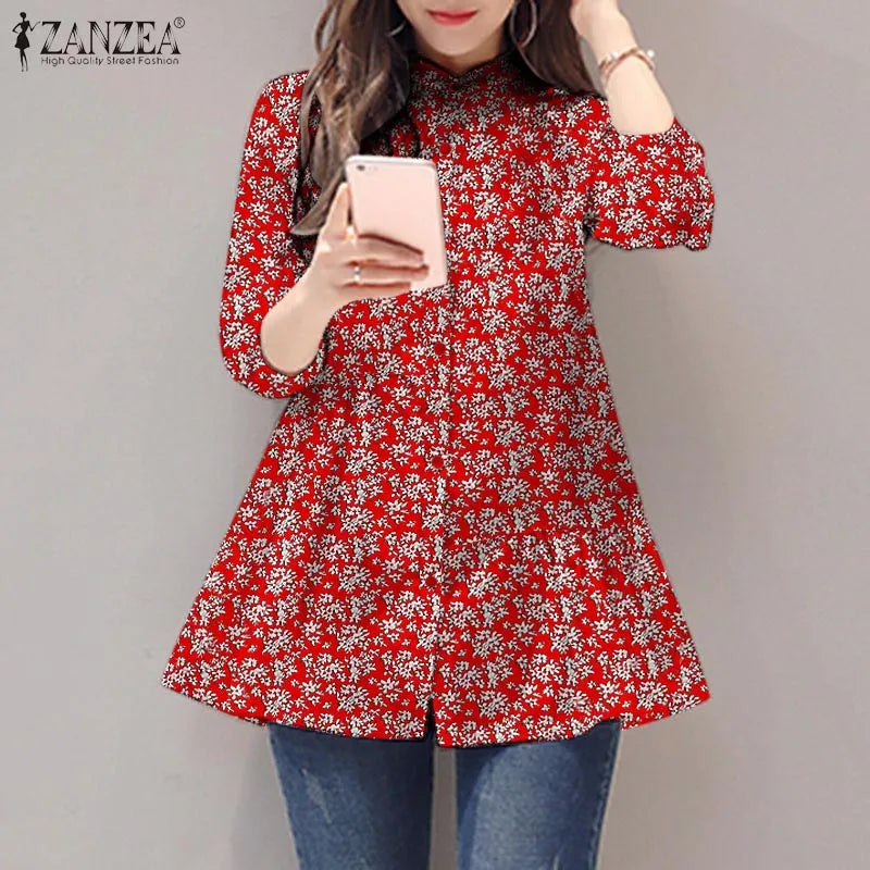 ZANZEA 2024 Summer Shirt Women Floral Prined Bohemian Stand Collar 3/4 Sleeve Casual Vintage Elegant Blusas Loose Tunic Tops