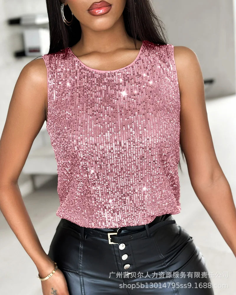 Women Glitter Sequin Round Neck Sleeveless Blouses Shirts Casual Sparkle Tank Top