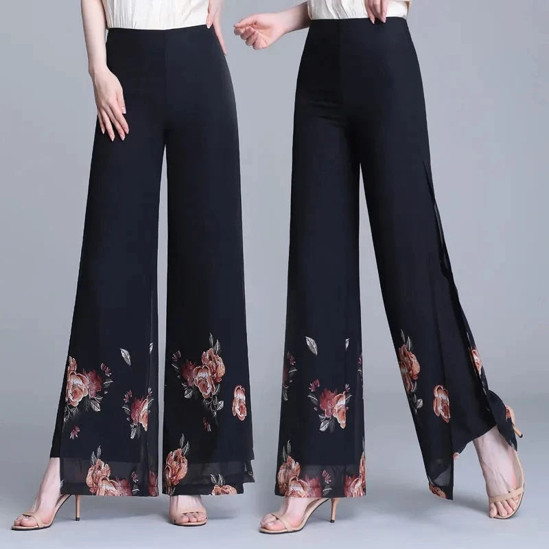 Double Layer Printed Chiffon Wide Leg Pants For Women's Summer New High Waisted Loose Dance Swing Pants Drooping Skirt Pants LA