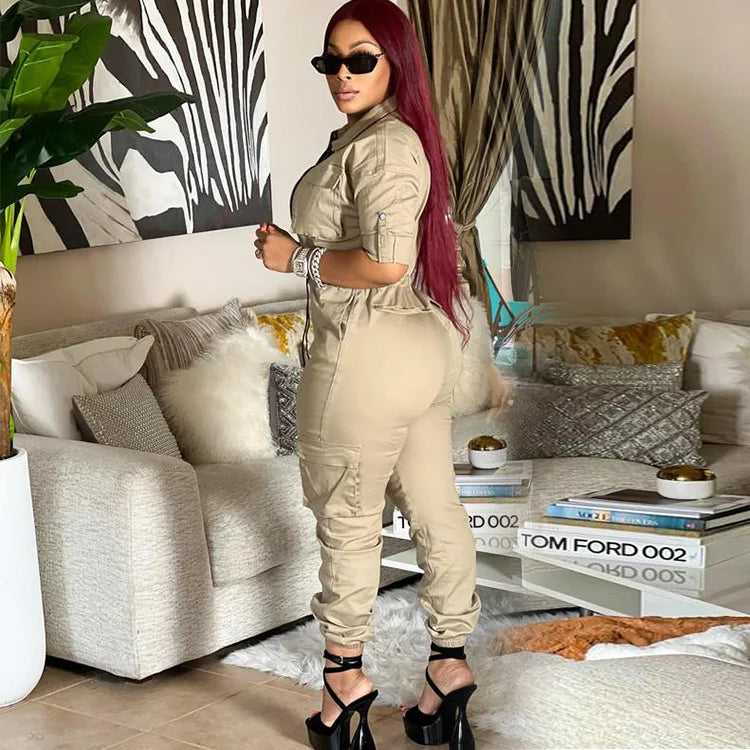 CM.YAYA Women Safari Style Short Sleeve Zipper Fly Pocket Side INS Zipper Fly Jumpsuit Fashion Casual One Piece Suit Playsuit