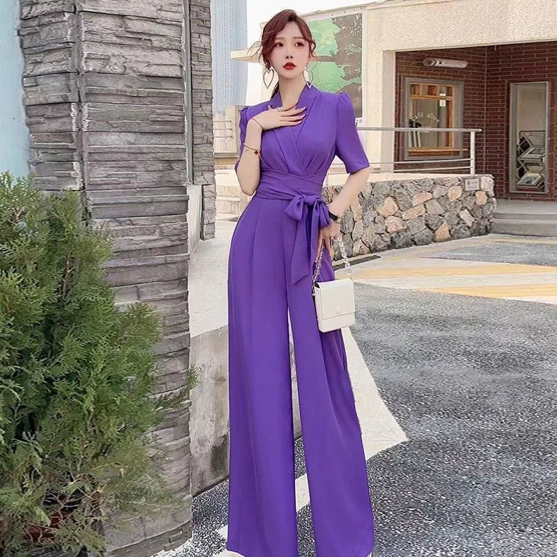 Jumpsuits Summer New High end Jumpsuit Women's Elegant Solid Color High Waist Slim Lace up Wide Leg Dropping Bodysuit Women Sets