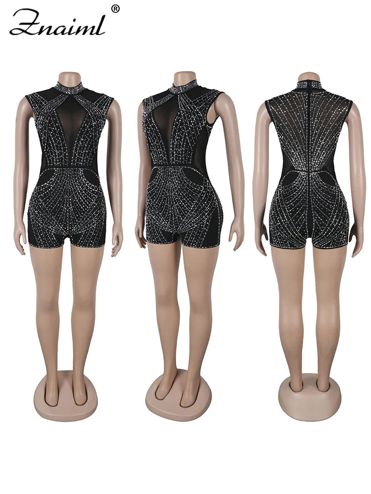 Znaiml Women's Short Jumpsuits Black Rhinestone Sleeveless Romper Birthday Mesh See Through Skinny One Pieces Playsuits Clubwear