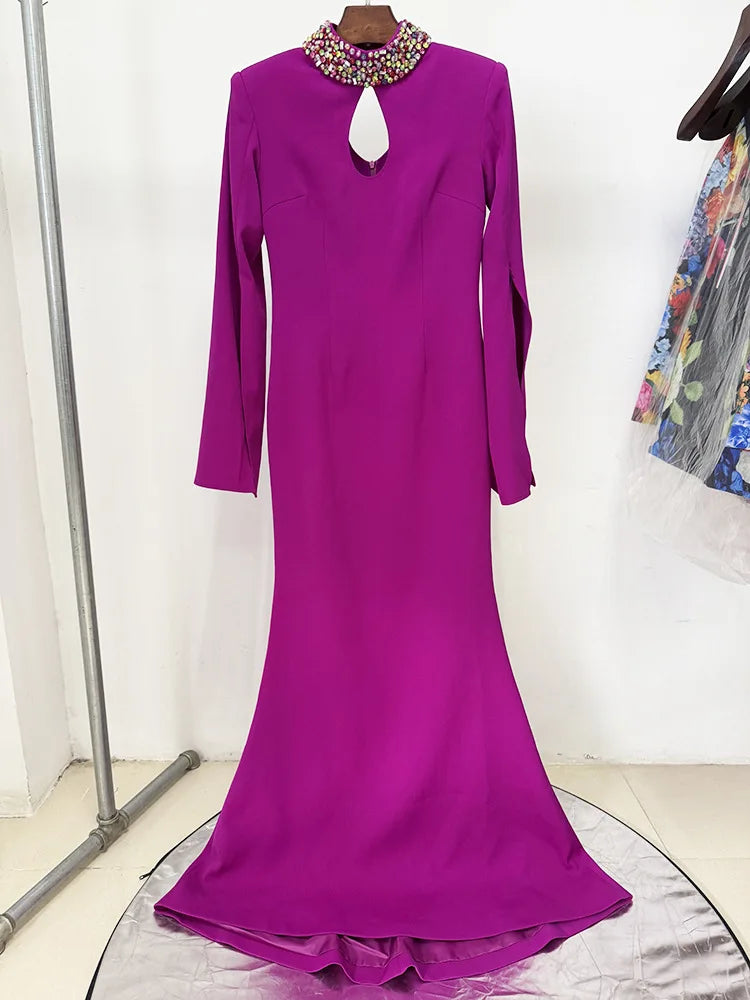 HIGH STREET Newest Fashion 2026 Designer Party Vestido Women's Stand Collar Formal Cape Sleeve Diamonds Beading Long Maxi Dress