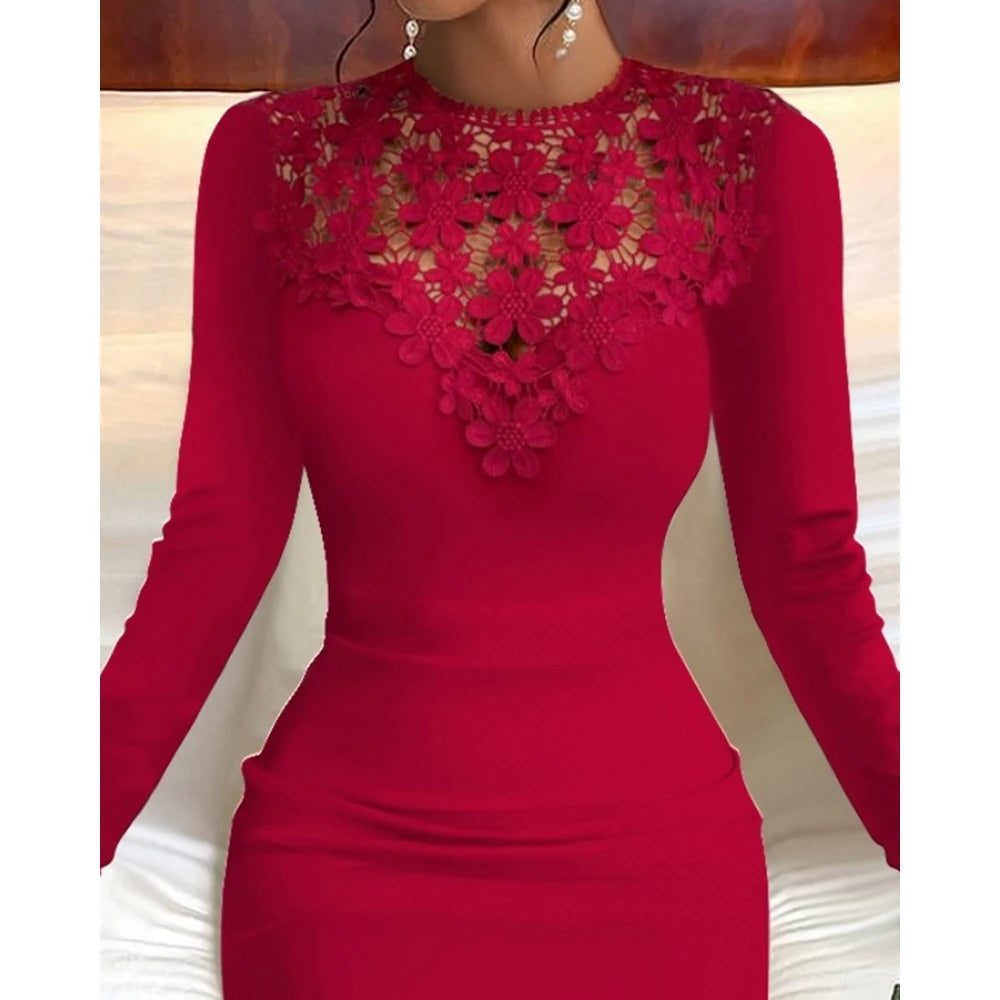 Contrast Lace Round Neck Slim Fit Bodycon Dress Hollow Out Mini Party Dress