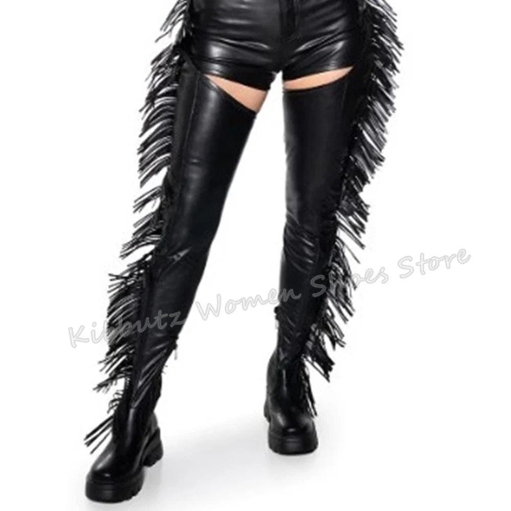 Fringe Belted Thigh High Boot Over The Knee Pointed Toe Thin Heel Side Zipper Solid Color Suede Fashion Novelty Concise Sexy New