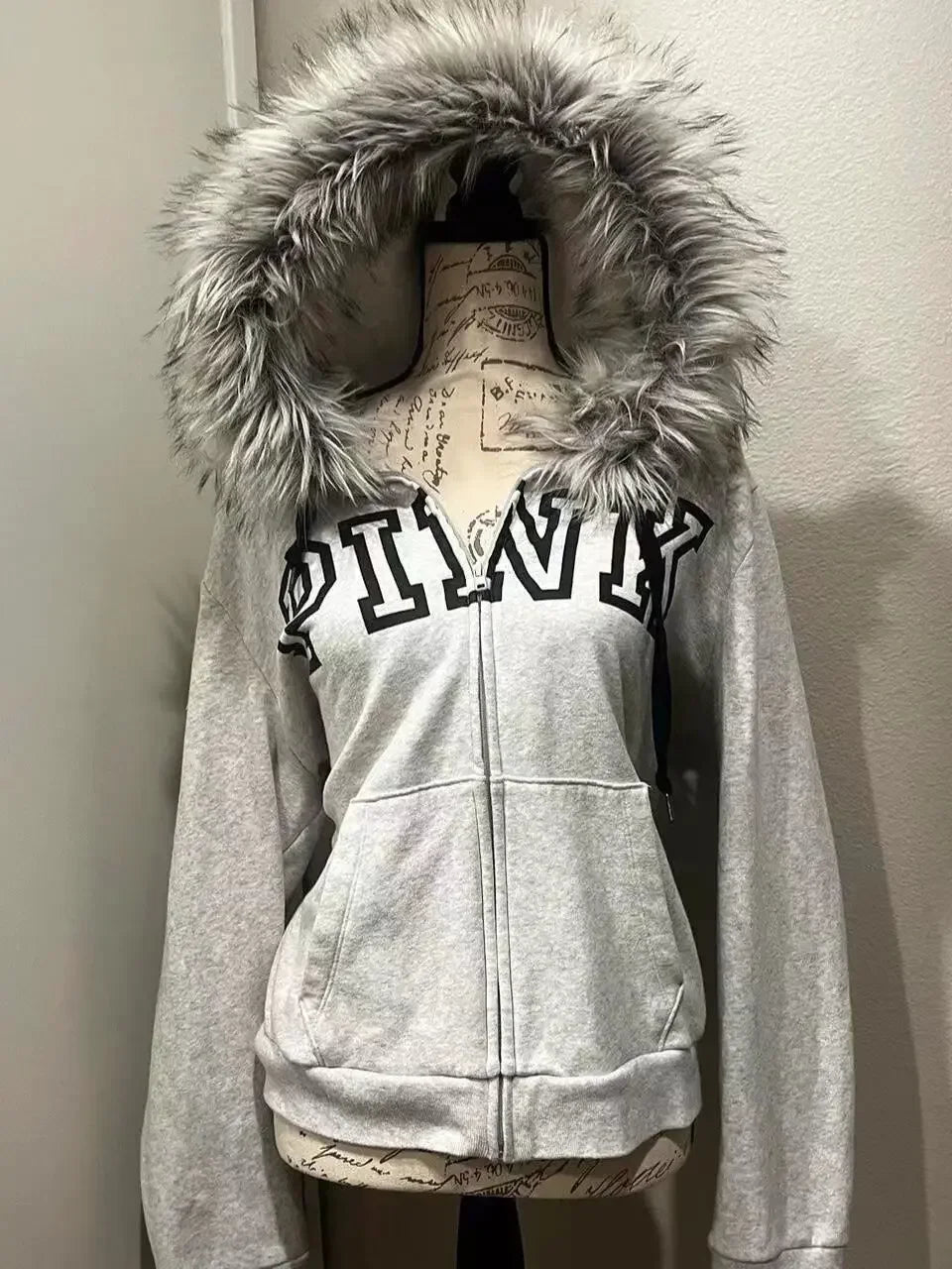 Annual New Y2K Letter Printed Plush Collar Hooded Zipper Jacket Women's Casual Thickened Solid Color Street Fashion Cardigan Top