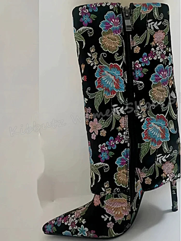 Embroidery Crystal Knee High Boots Glossy Fashion Elegant Luxury Novelty Concise Slip-On Pointed Toe Thin Heels Women Shoes New