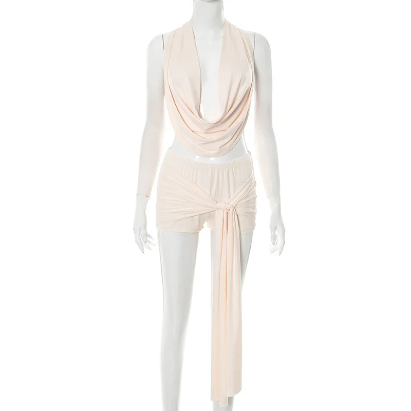 Joskaa 2025 Summer Beach Style 2 Piece Sets Women Sexy Backless Bandage Halter Tops and Ribbons Shorts Matching Vacation Outfits