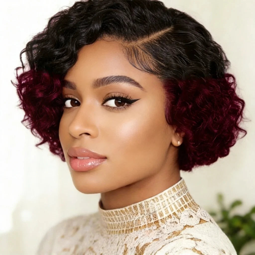 Natural Black Short Curly Pixie Lace Front Wig for Women