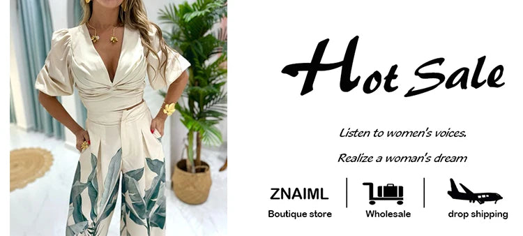 Znaiml Elegant Print Two 2 Piece Pants Sets Women Lantern Half Sleeve V-neck Ruched Crop Top and Wide Leg Pants Birhtday Outfits