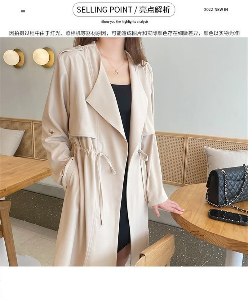 Autumn Windbreaker New Women's Thin Coat Korean Version 2023 Single-Layer Fashion Drawstring Slim Trench Coat Top with 3/4 Sleev