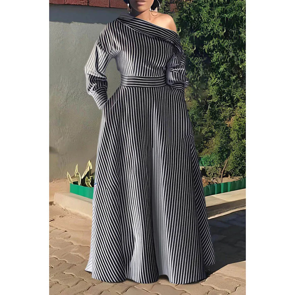 Plus Size White Casual Dress Ash Stripe Oblique Collar One Shoulder Maxi Dress With Pocket