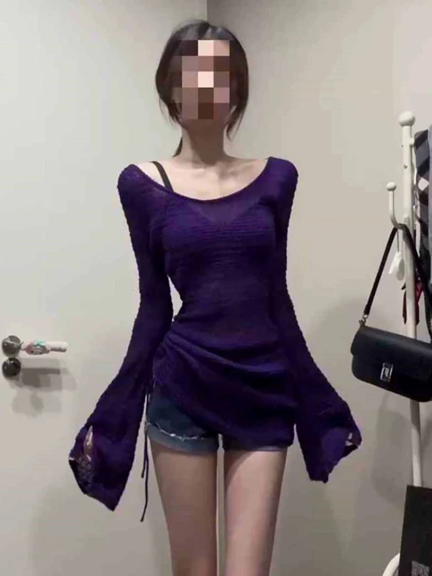 Women's Purple Y2k Knitted T-shirt Harajuku Tee Top Vintage 90s Aesthetic Oversize Flare Sleeve T-shirts 2000s Emo Clothes 2025