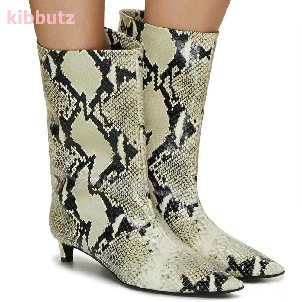 Novelty Leather Mid Calf Boots Chelsea Pointed Toe Kitten Heel Wide Mouth Sleeve Slip-On Solid Color Fashion Sexy Elegant Women