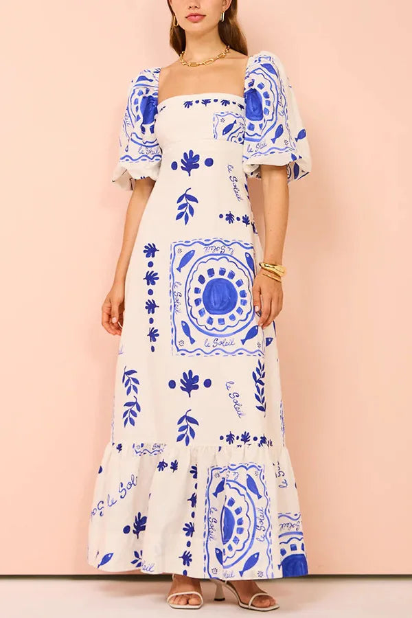 Summer Dress Elegant Women Flower Printed Maxi Dress High Waisted Short Sleeve Square Collar 2025 Summer Fashion Holiday Dresses