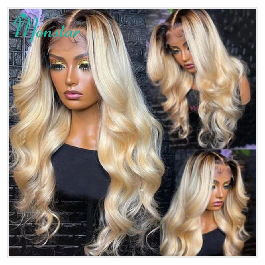 13x6 Lace Frontal Wig Brazilian Straight Full Lace Human Hair Wig 2 Tone Dark Root 1B 613 Ombre Blonde Lace Front Wigs for Women