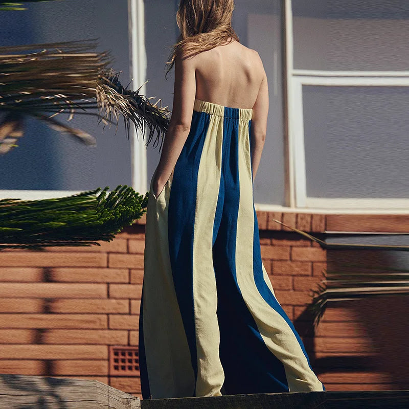 Summer Beach Hollowed Out Backless Long Pants Playsuit Bohemian Commuting Rompers Casual Striped Printed Off Shoulder Jumpsuit