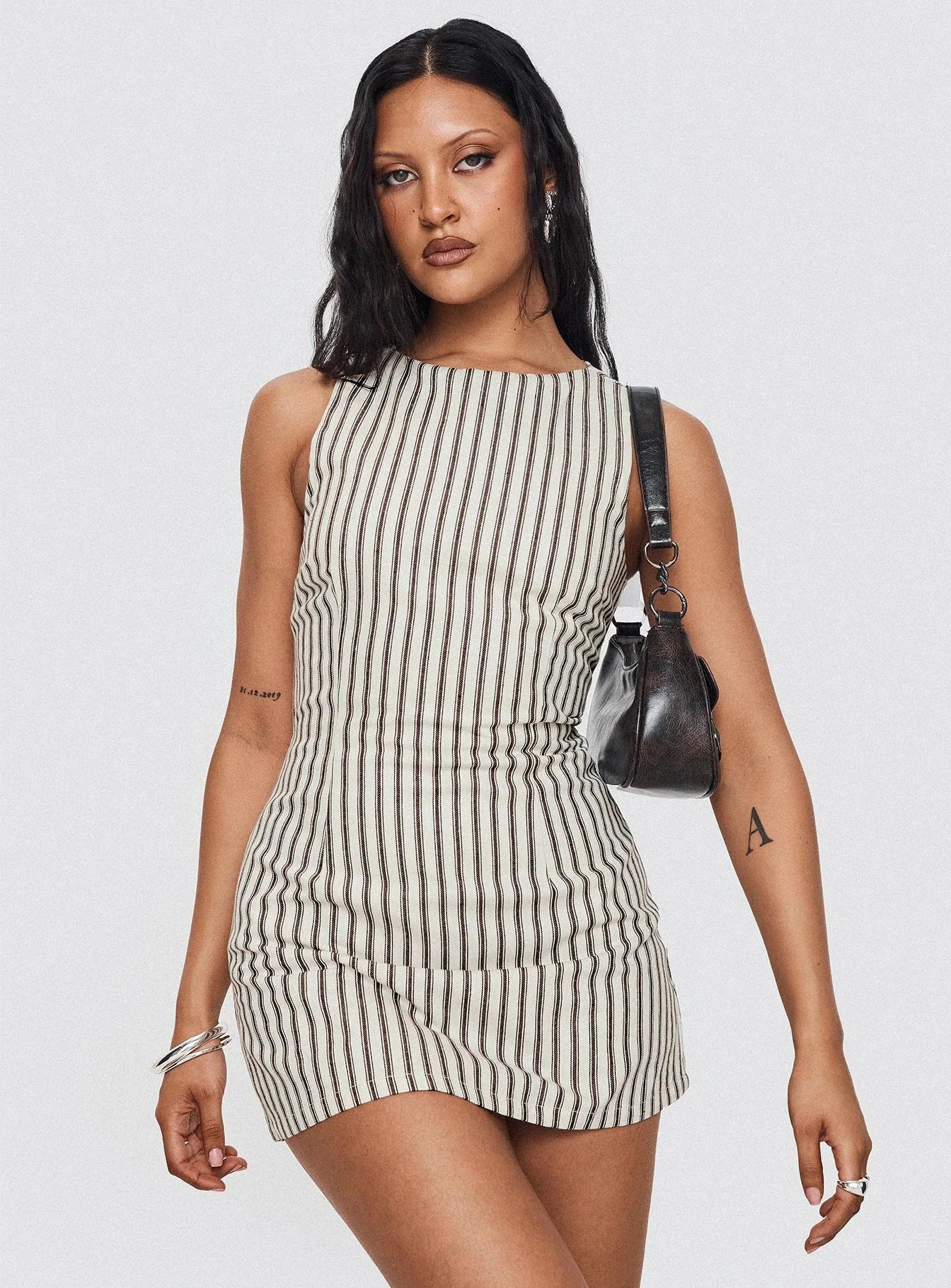 Casual Striped Print Crew Neck Sleeveless Mini Dress for Women