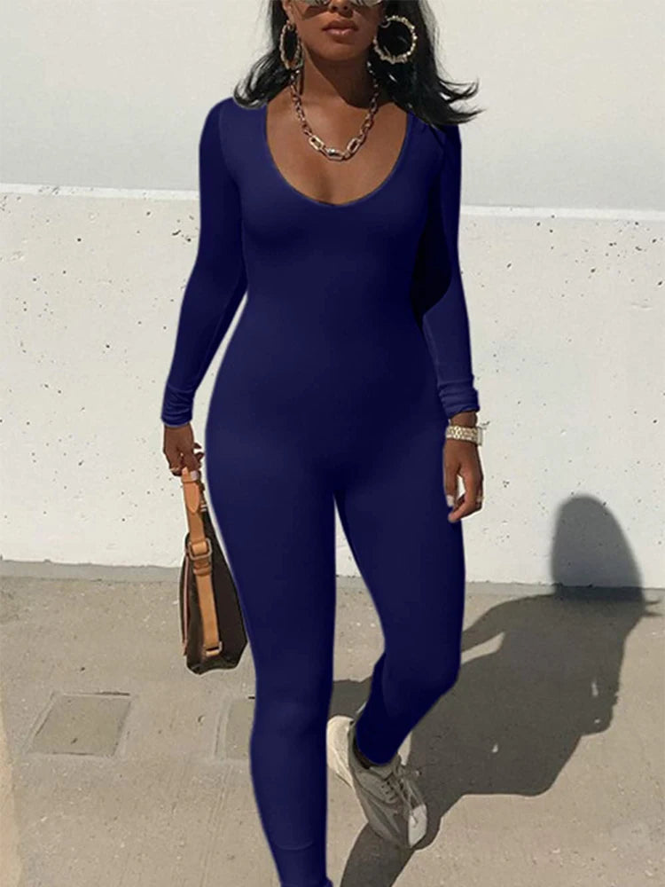 Spring Summer New Women's Long Sleeve Solid Color Skinny Jumpsuit Fashion Sports Fitness Pullover Casual Wear