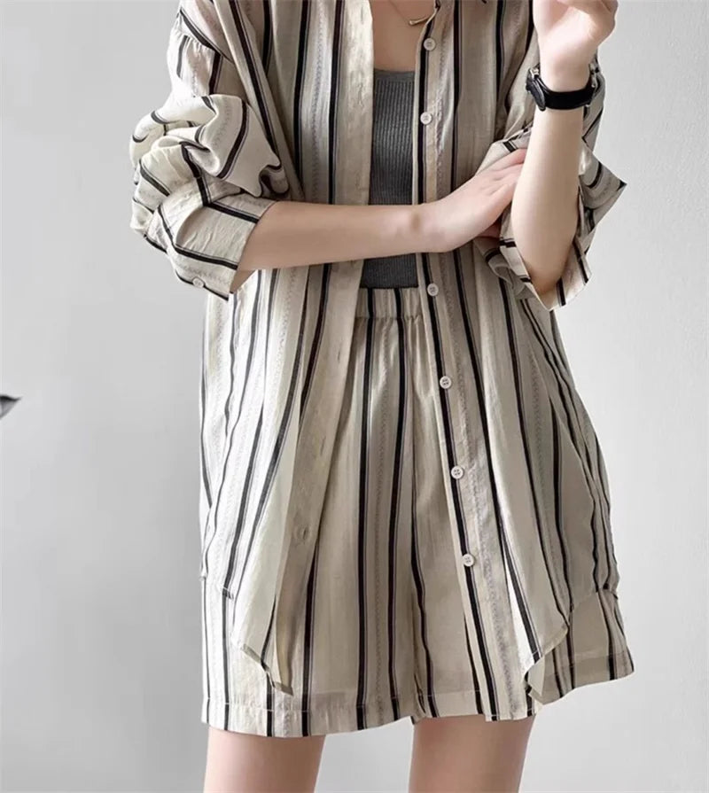 Striped Shirt Shorts And Suits Sun Protection cClothing Casual Sports Suit Women's Summer Fashion Shorts Two-Piece Set Female