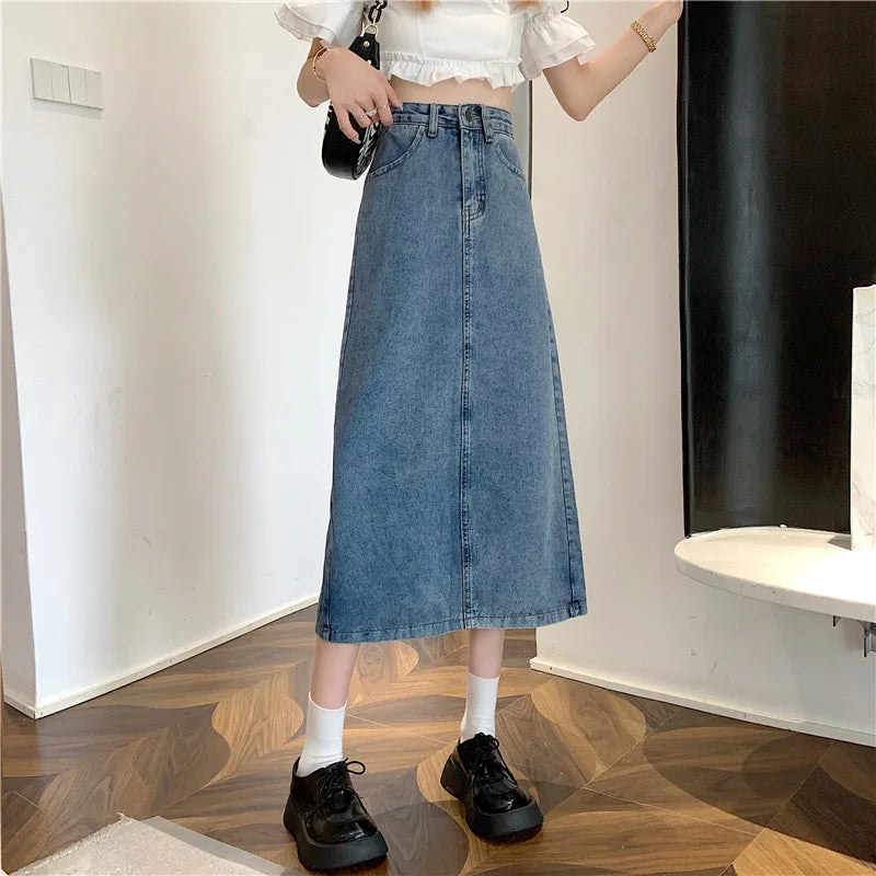 New 2022 Spring-Autumn Medium-Length Denim Skirt For Women High-Waisted Slimming Plus Size Curvy Girls A- Line Hip Covering Skir