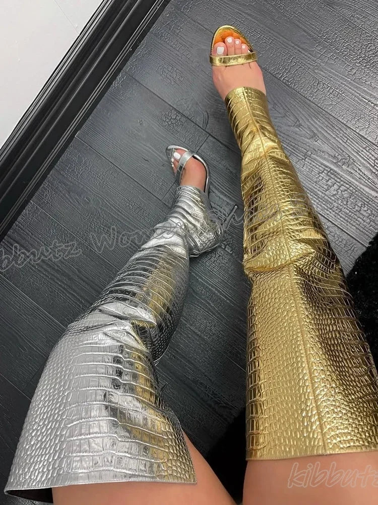 Sandal Boots Over The Knee Leather Solid Color Back Zippers Round Toe Thin Heel Fashion Elegant Concise Sexy Novelty Women Shoes