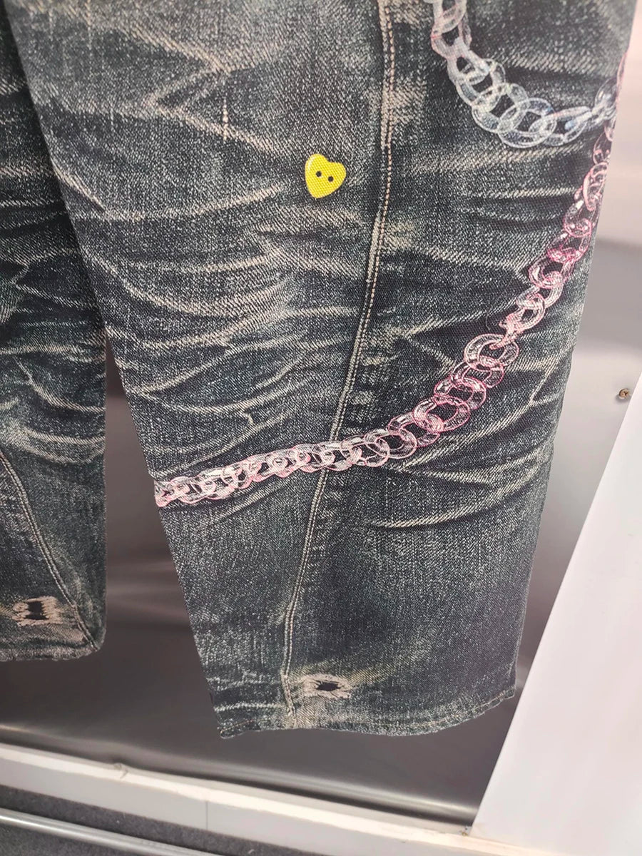 VGH Spliced Colorful Beading Chain Jeans for Women High Waist Patchwork Distressed American Retro Spring Trousers Female Style