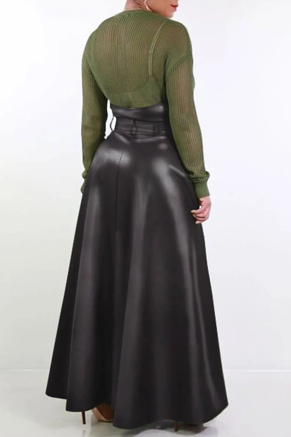 Plus Size Semi Formal Skirt Brown Casual Fall Winter Long Split PU Leather Skirt