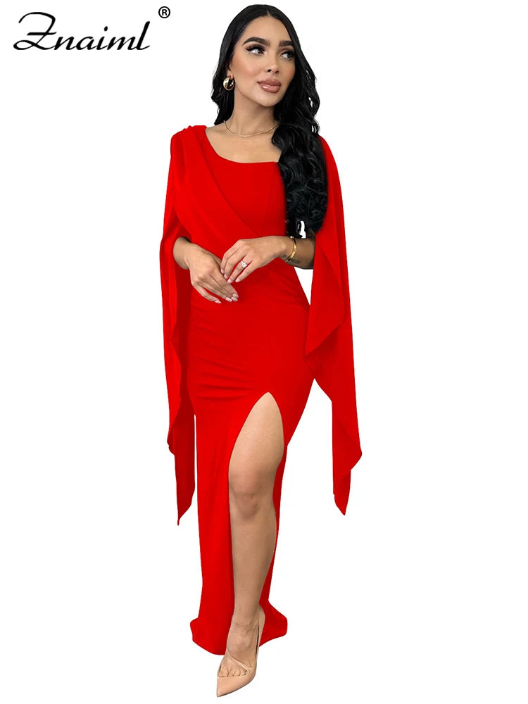 Znaiml Elegant Flare Sleeve Celebrity Nightclub Maxi Long Dresses for Women Sexy High Split Evening Party Prom Birthday Vestidos
