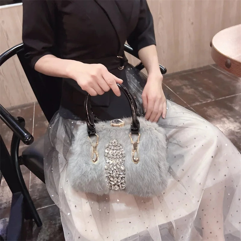 Original Designer Brand Rabbit Hair Bag New Fashion Leather Handcarry Shoulder Crossbody with Diamond Hair Bags for Women