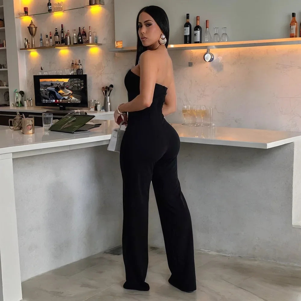 CM.YAYA Elegant Button Strapless Sleeveless Irregular Girl Jumpsuits 2025 Spring Women's Overalls Outfits Night Club One Piece