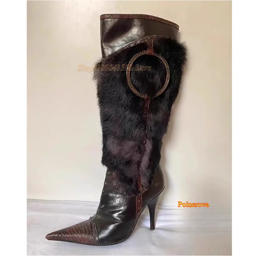 Winter Furry Leather Knee High Boots,Crocodile Pattern Pointed Toe Stiletto Women Shoes Zipper Boots2023 New Zapatos Para Mujere