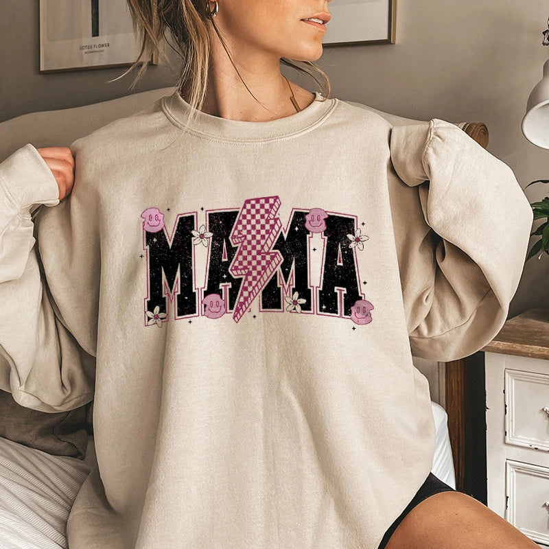 Mothers Day Gift for New Mom Autumn Sweatshirt Wildflowers Leopard Mama Retro Crewneck Sweater Cute Bow Mama Cartoon Sweatshirts